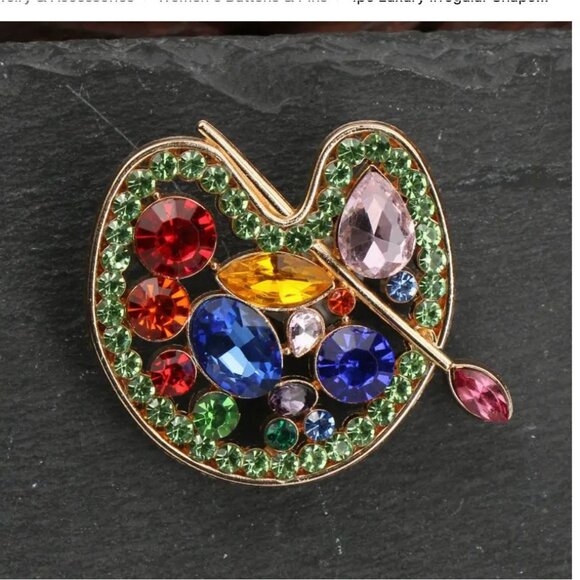 Bright Rhinestone Brooch Painter Artist Pallet & Brush Gold Tone - Picture 2 of 2